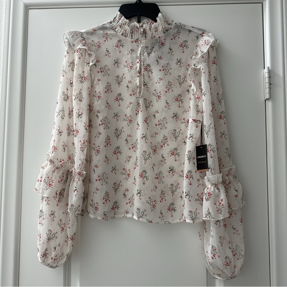 Forever 21 - Blouse - Cottage-core Contemporary White Pink Floral Chiffon Sheer